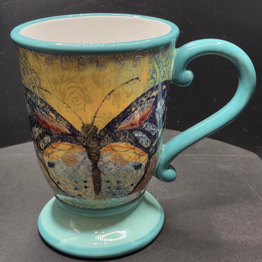 Susan Winget The Studio Shop Butterfly Pedestal Coffee‎ Mug Teal Yellow Ceramic